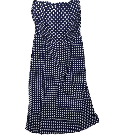 J Crew Strapless Dress Size 4 Blue White Polka Dot Midi Cotton A-Line Zip Pinup - Picture 1 of 9